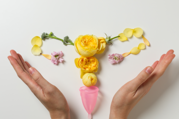 Picture of flowers arranged as a womb being held by two hands